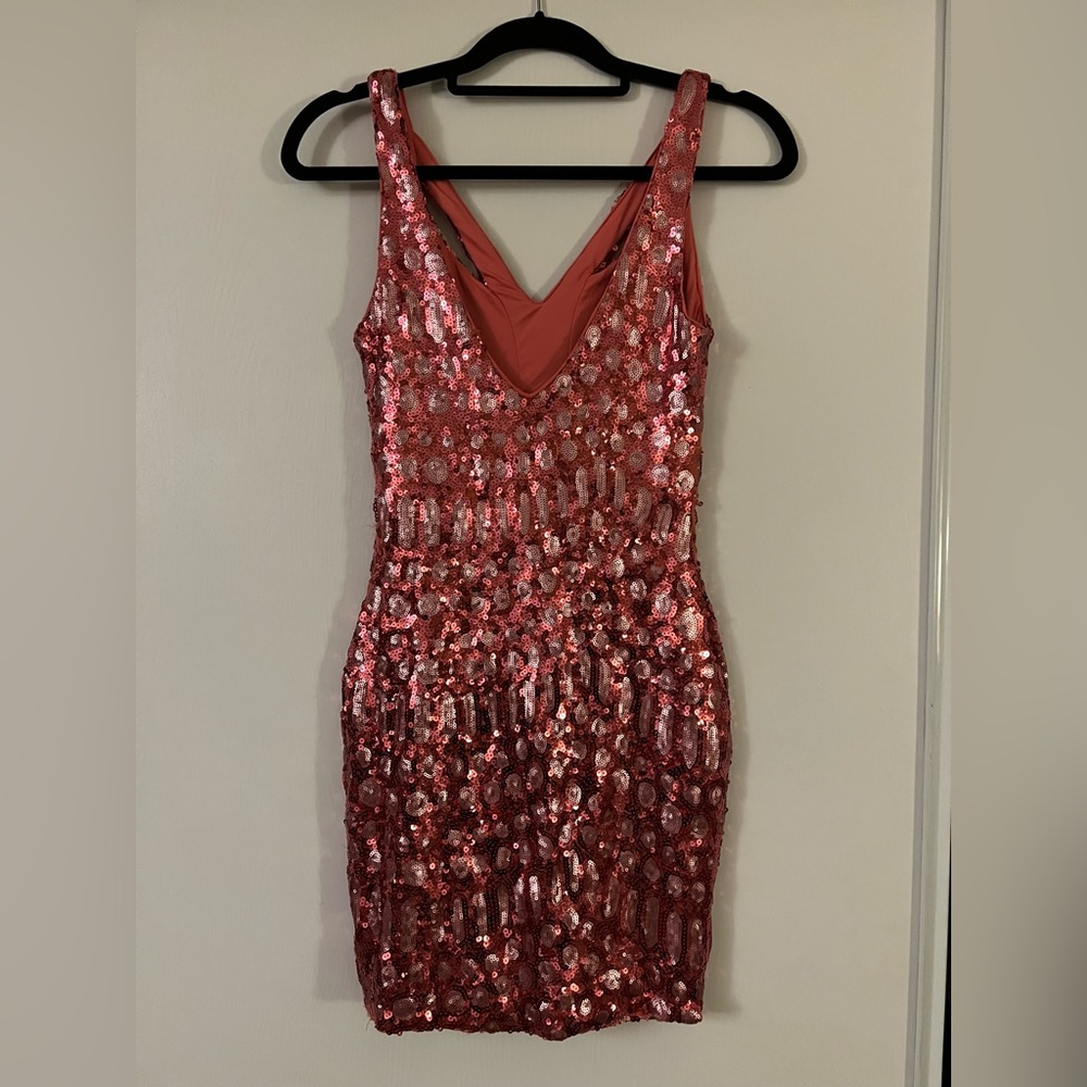 Pink/ Coral sequined Bebe Addiction dress XS - Picture 3 of 5